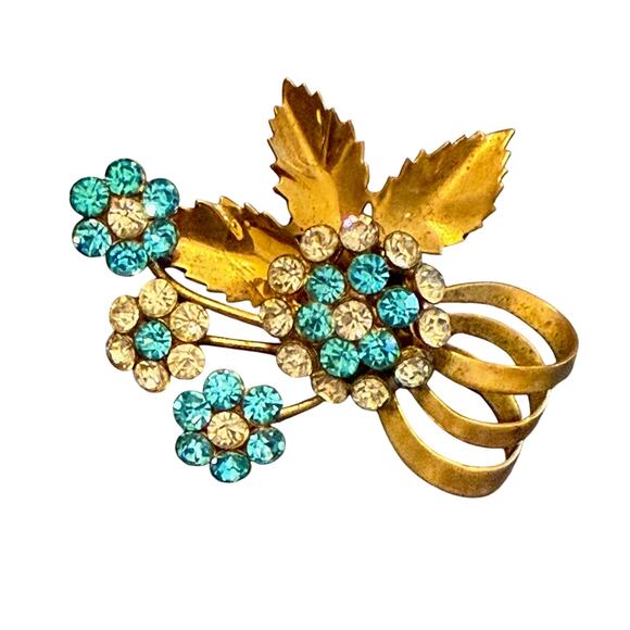 None and/or Unknown Jewelry - Vintage Unsigned Aqua Blue Rhinestone Flower Leaf Brooch